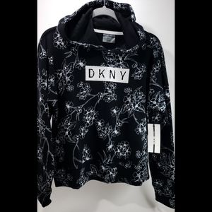 DKNY Women's Black with White Traced Flowers Sweater Hoodie